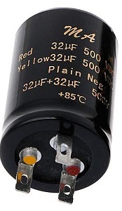 32uF+32uF, 500V Dual Radial Electrolytic Capacitor