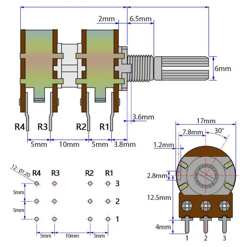 16mm PC Mount Quad Potentiometer, 20mm Shaft